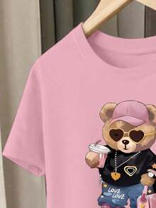 Bộ 2 món dành cho nữ tuổi teen, phong cách tối giản, họa tiết gấu hồng, tay ngắn, cổ tròn và quần short, thời trang, đa năng, thoải mái, thích hợp mặc hàng ngày, phù hợp cho mùa xuân, hè, thu, đông. - Hồng - Xem 4