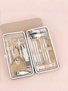 1pc 19-Piece Stainless Steel Nail Clipper Set With A Storage Box, Featuring A Foot File And Nail Grooming Tools, Making It A Complete Set Of Nail Clippers And Nail Care Tools. - Beige - View 1