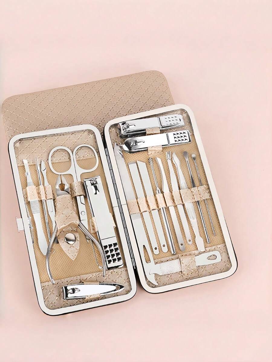 1pc 19-Piece Stainless Steel Nail Clipper Set With A Storage Box, Featuring A Foot File And Nail Grooming Tools, Making It A Complete Set Of Nail Clippers And Nail Care Tools. - Beige - View 1