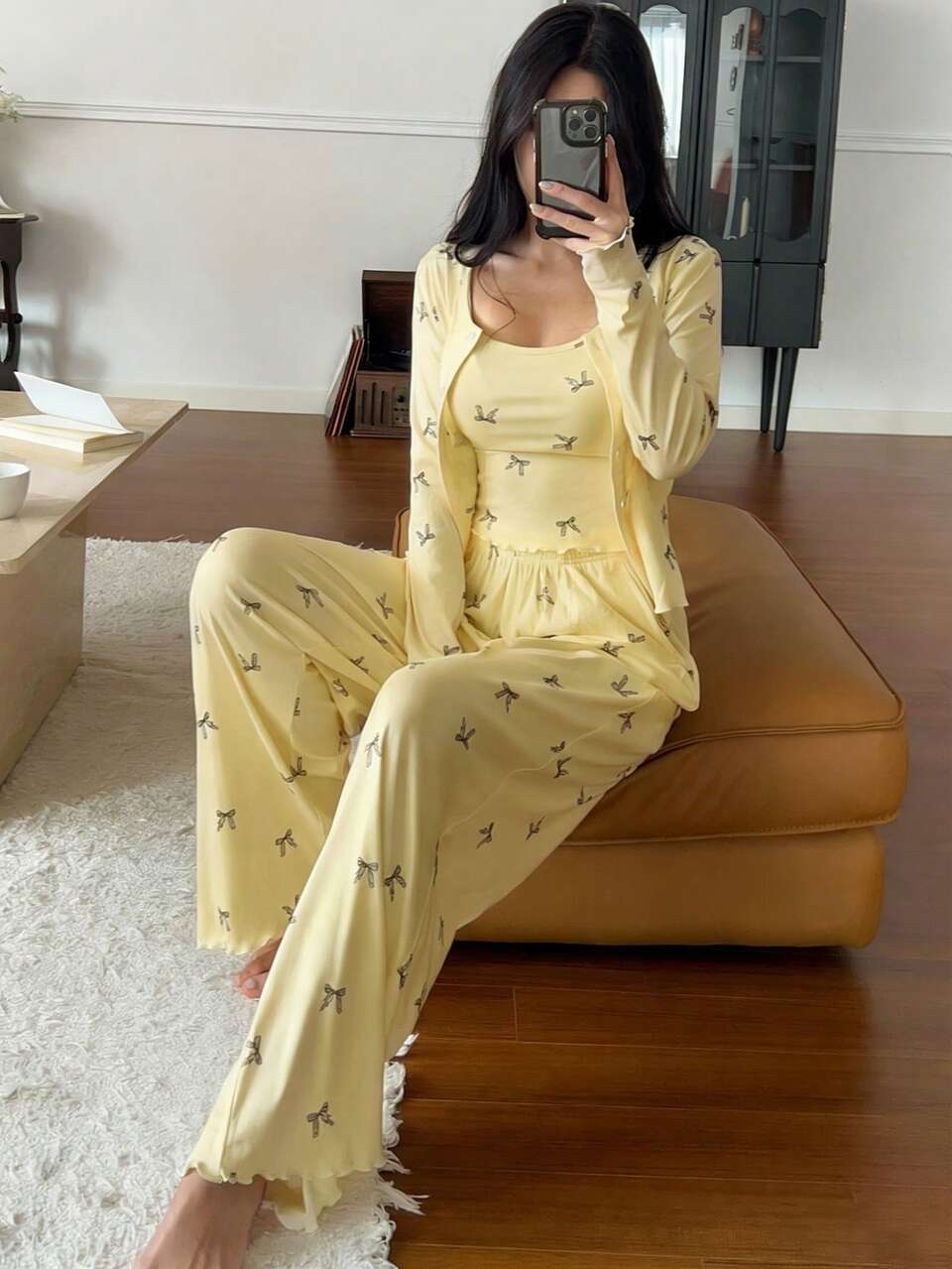 3pcs Bow Print Allover Allover Print Camisole And Pants Women Pajama Set