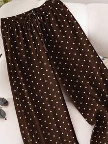 CosyJoli Plus Size Women Polka Dot Print Tie Waist Wide Leg Pants - Brown - View 4