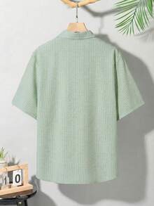 SHEIN Teen Boys' Striped Single-Breasted Short Sleeve Textured Casual Shirt,Comfortable Fashionable For Summer,Suitable For School,Travel,Beach Vacation - Mint Green - View 4