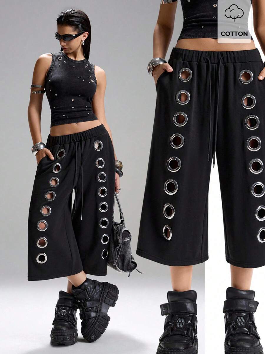 LYSMO Pantalones cortos tipo bermuda holgados para mujer con diseño de ojales y cordón en la cintura - Negro - Ver 1