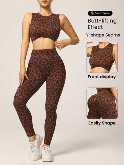Slayform Bộ đồ thể thao nữ liền mạch, co giãn cao, họa tiết da báo gợi cảm, thích hợp cho tập luyện, chạy bộ, mặc hàng ngày, tập thể dục, quần áo tập luyện cho nữ.