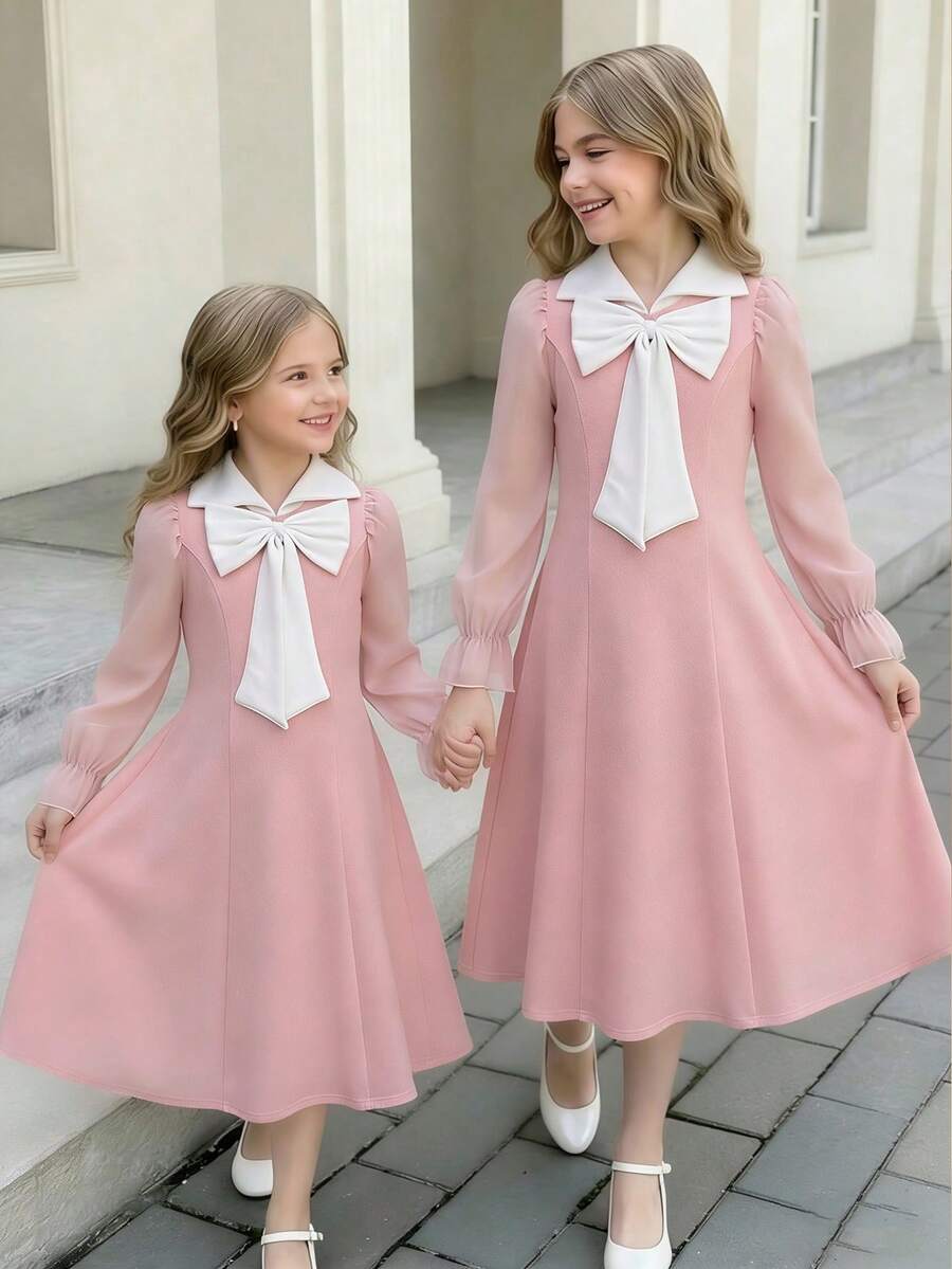 Elladie kids Đầm hè thời trang thanh lịch kiểu quý tộc dành cho bé gái tuổi teen, điểm nhấn là nơ 3D, phối 2 chất liệu chiffon, tay dài, thắt eo, phù hợp mặc hàng ngày, dự tiệc và biểu diễn. - Hồng - Xem 1