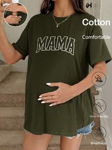 SHEIN 字母印花圆领休闲宽松短袖哺乳上衣 - 橄欖綠 - 查看 1