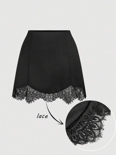 SHEIN MOD 大码女式休闲纯色撞色蕾丝不对称下摆半身裙，夏季，情人节，女士情人节服装，狂欢节，黑色迷你裙，蕾丝边半身裙