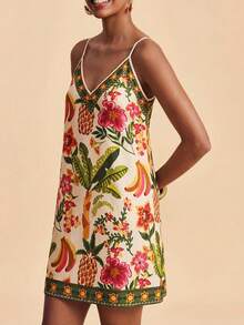 SHEIN TRVLCHIC Vestido corto de tirantes finos con estampado tejido para mujer, ideal para vacaciones de primavera/verano - Multicolor - Ver 7