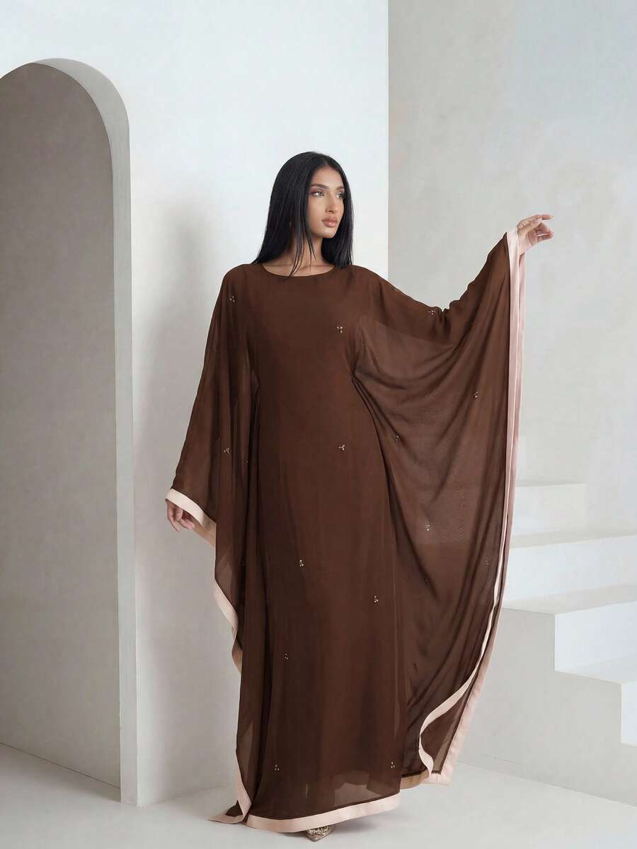Veilorie Đầm suông cổ tròn tay dài họa tiết chắp vá màu trơn thanh lịch cho nữ - màu nâu - Xem 1