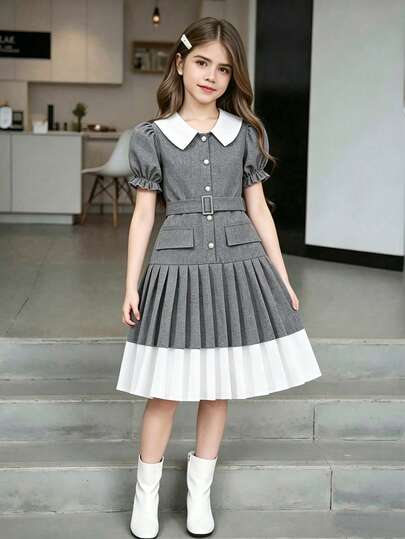 SHEIN Girls' Elegant Elegant Mandarin Collar Petal Sleeve Cinched Waist Pleated Dress, Suitable For Daily Outings, Campus, And Formal Occasions