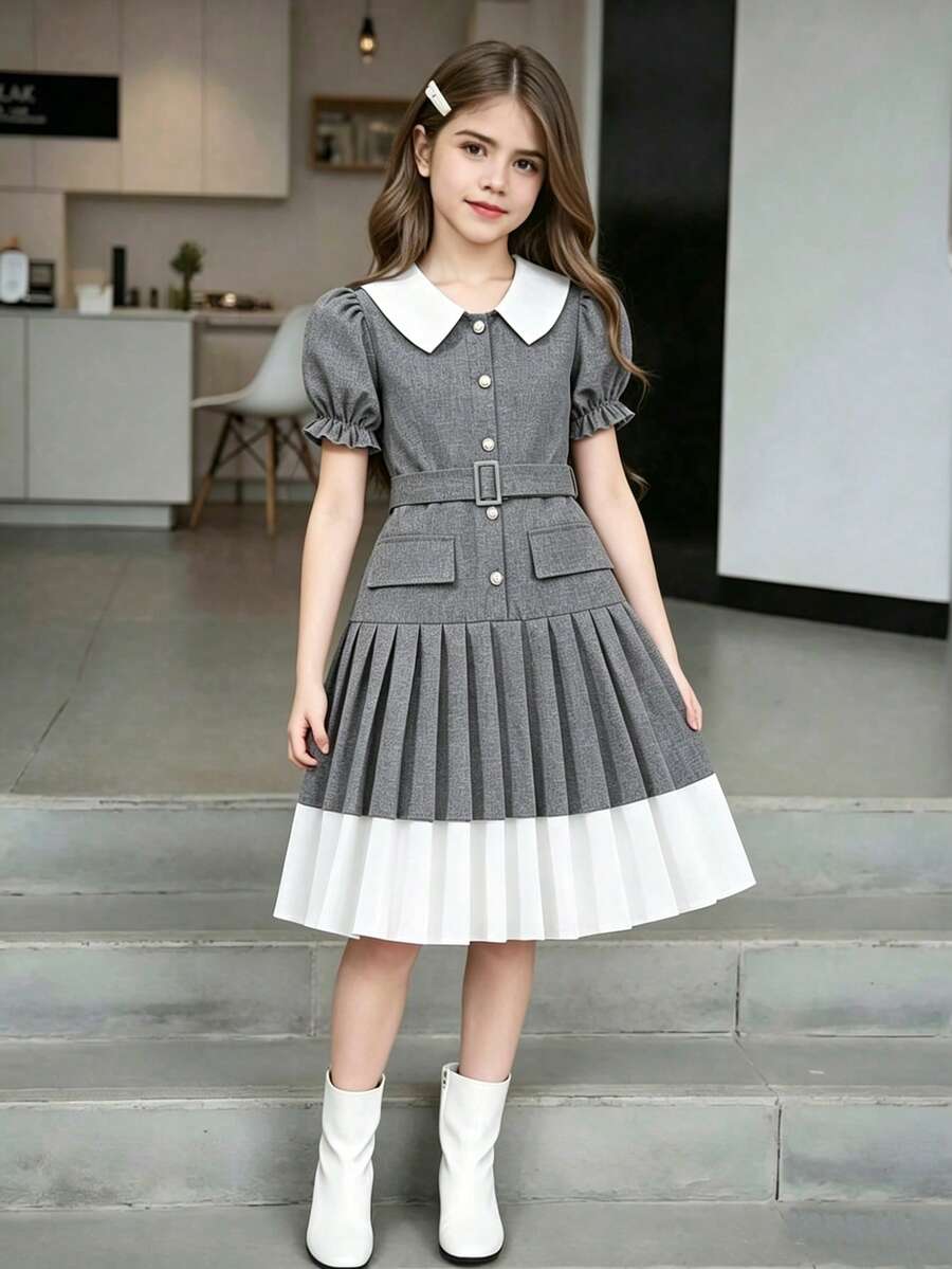 SHEIN Đầm xếp ly thanh lịch dành cho bé gái, cổ tàu, tay cánh hoa, eo thon, thích hợp cho đi chơi hàng ngày, đi học và các dịp trang trọng. - Xám - Xem 1