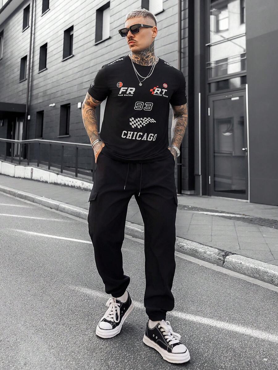 Artur Kramer 男士翻盖口袋侧抽绳腰工装裤，秋季 - 黑色 - 查看 1