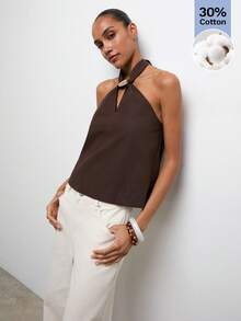 Maija Áo tank top nữ màu trơn tối giản cổ yếm buộc dây phía sau - Cà phê nâu - Xem 6