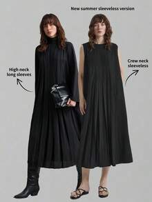 Ontre Women's Black Crinkle Chiffon Sleeveless Round Neck Dress,Autumn Effortless Chic Brunch Loose H-Line Pleated Office Attire,Old-Money Vacation Outfit - Black - View 7