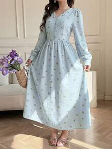 Feyla Women's Casual Ditsy Floral Dress For Vacation Elegant Light Blue Print Fitted Waist Maxi Women, Perfect All Seasons, Ideal Vacations. - Blue - View 7