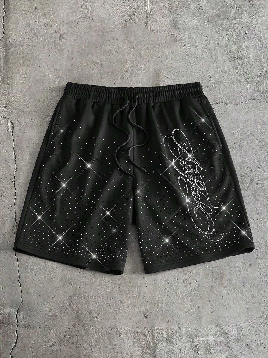 AXEPEAK 男士夏季水钻装饰斜插口袋抽绳腰短裤 - 黑色 - 查看 1