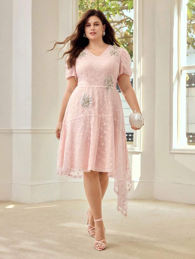 LACE RHINESTONE EMBROIDERY CINCHED WAIST ASYMMETRIC DESIGN PLUS SIZE DRESS, ELEGANT & CHARMING