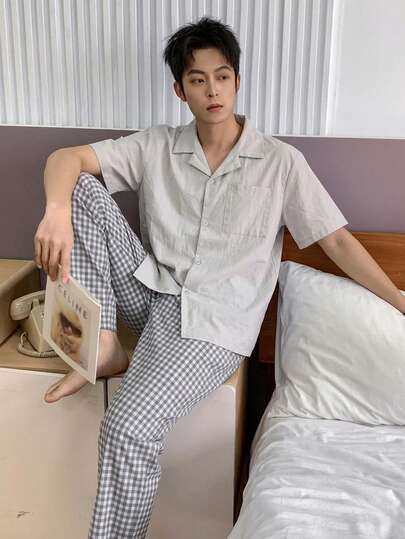 DAZY Áo sơ mi ngắn tay phối cùng quần kẻ caro, bộ đồ mặc nhà nhiều màu sắc dành cho nam giới.