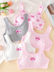 SHEIN 5件組女童兒童無袖圓領棉質套裝，冬季可愛工裝風粉色白色灰色條紋蝴蝶結印花透氣加厚 - 彩色 - 查看 3