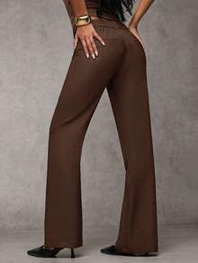 SHEIN PETITE CURVE Plus Size Solid Color Flare Pants, Suitable For Commuting - Coffee Brown - View 2
