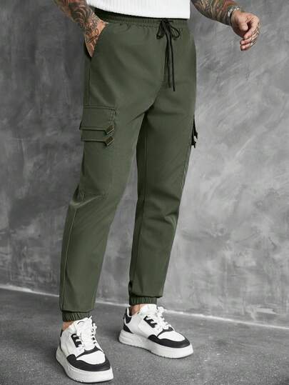 SLATEMANN Calça cargo masculina casual para uso diário, cor sólida, cintura ajustável com cordão e vários bolsos.