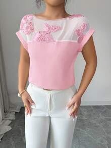 Balvessa 女士夏季新款优雅度假及办公网纱拼接贴花短袖衬衫 - 淺粉色 - 查看 4