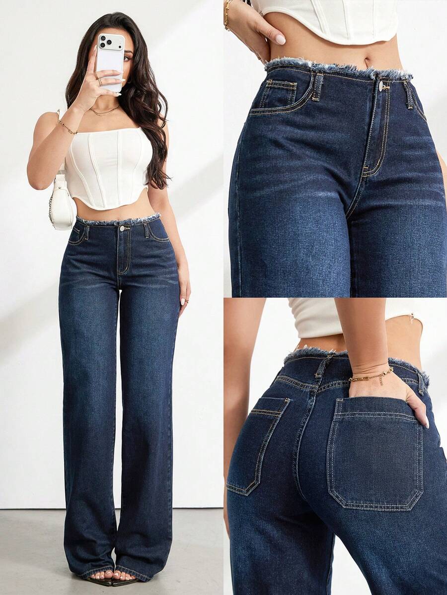SHEIN Tall 女士高腰深蓝色阔腿牛仔裤，毛边腰身，休闲夏季度假穿搭，女士休闲水洗直筒牛仔裤 - 深色水洗藍 - 查看 1