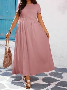 SHEIN 孕妇纯色简约日常圆领短袖连衣裙 - 淺粉色 - 查看 7