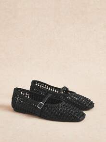Women's Square Toe Handmade Woven Casual Comfortable Flat Shoes - Black - View 3
