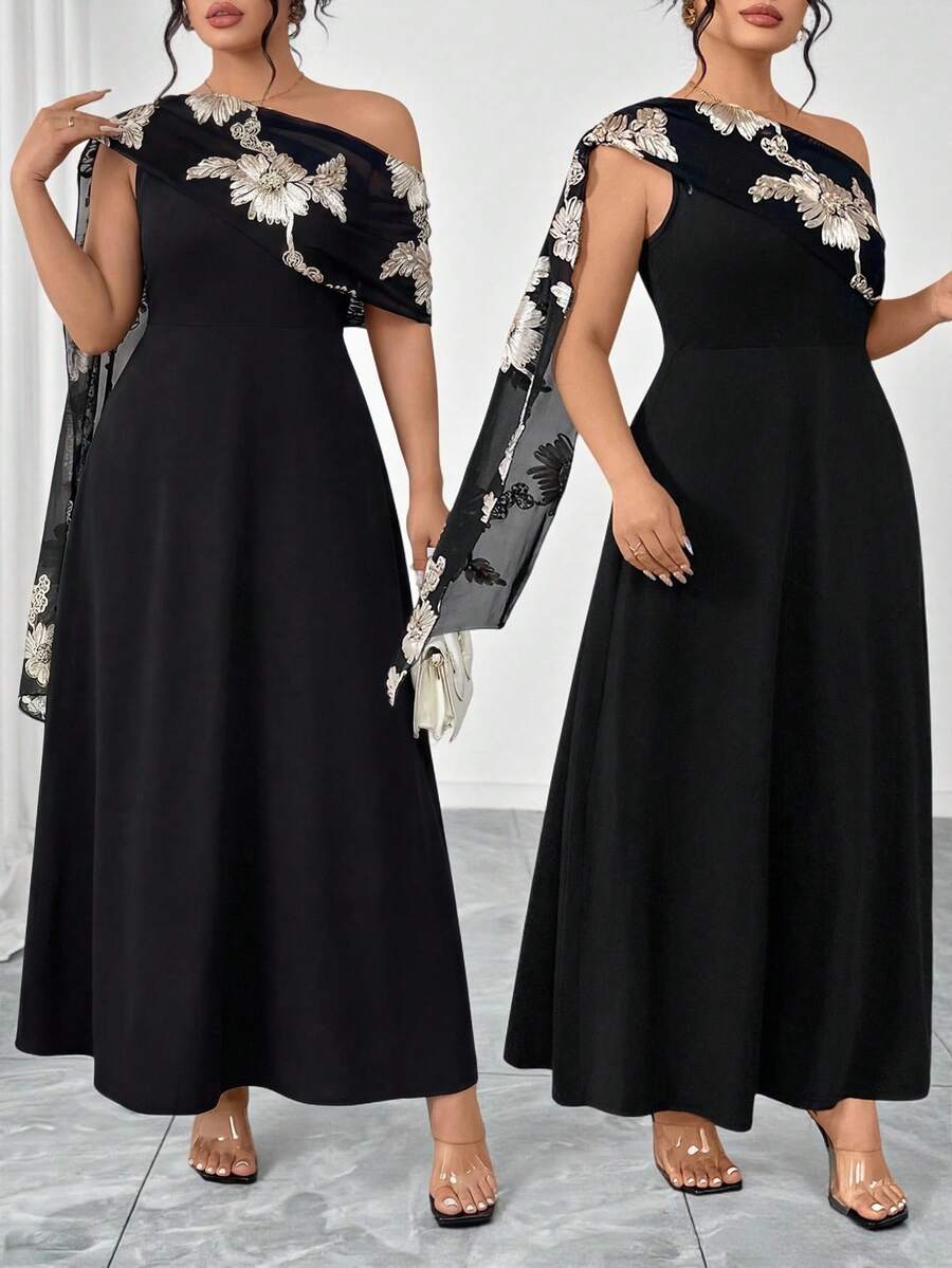 Elenzga Plus Size Women Elegant Fashion, Mesh Jacquard Fabric, Patchwork, Cape Knit Dress - Black - View 1