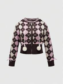 ROMWE Kawaii Y2K Himekaji Millennium 休闲学院风低腰菱形图案开衫毛衣大码女款 - 棕色 - 查看 5