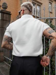 Artur Kramer Men Basic Textured Design Solid Color Short Sleeve Collar Polo Shirt, For Husband, For Going Out, Old Money Style - White - View 2