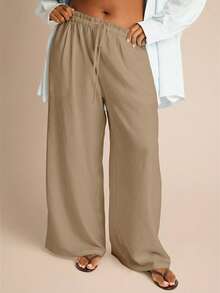 FASHION SZN 大码亚麻质感抽绳休闲裤，系带亚麻质感沙滩裤，优雅大码时尚长裤，度假装扮，夏季长裤，宽松长裤，阔腿裤，波西米亚风，节日装扮，休闲长裤，海滩俱乐部城市度假，大码长裤，大码中腰阔腿裤，性感，可爱，日常穿着，泳装，假日罩衫，工作休闲裤 - 卡其色 - 查看 8