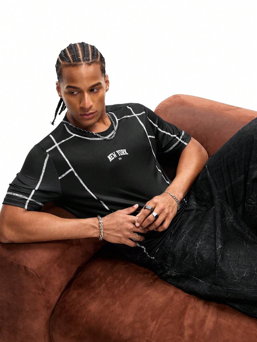 Parte superior de ropa de estar en casa casual con estampado de pata de gallo para hombres - Negro - Ver 1