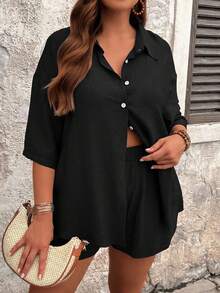 SHEIN Tall CURVE Bộ đồ mùa hè màu trơn, dáng rộng, tay ngắn, có túi và quần short dây rút, cỡ lớn. - màu đen - Xem 5