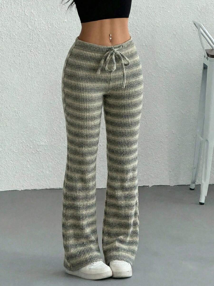 SHEIN EZwear 女士绿色条纹针织系腰裤 - 彩色 - 查看 1