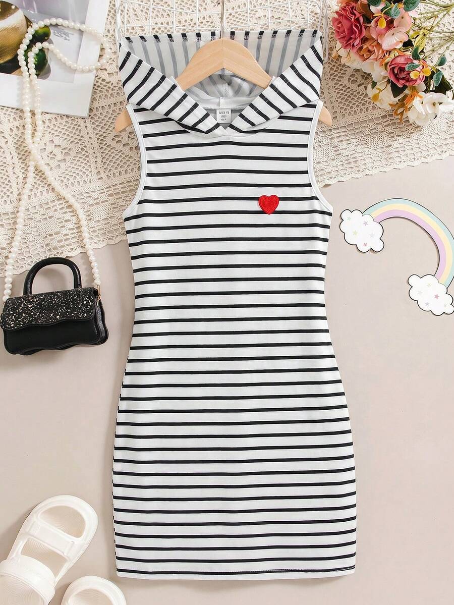 SHEIN 少女连帽条纹彩虹图案可爱休闲连衣裙 - 黑與白 - 查看 1