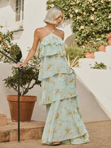 L'Amorae Halter Neck Ruffle Tiers Floral Green Chiffon Luxury Open Back Dress Wedding Guest Vacation Getaway, Dresses For Women, Elegant Long - Green - View 4