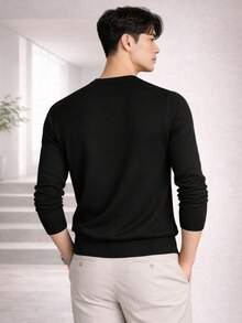 Suéter Hombre Cuello Redondo Color Negro Tejido Fino Minimalista - Negro - Ver 3