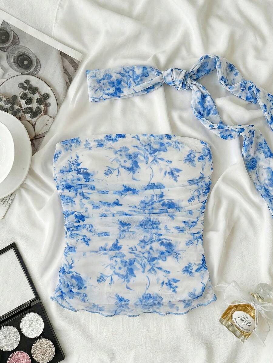 SHEIN 少女碎花褶皱抹胸上衣,适合海滩、夏季、复古风格 - 藍白色 - 查看 1