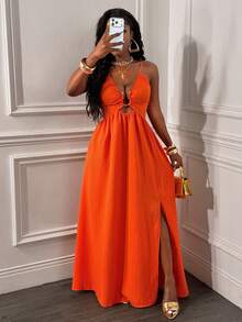 Glyssa 女士性感吊带露背交叉前开衩镂空U形搭扣褶皱下摆高开衩连衣裙 - 橘色 - 查看 3