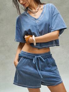 Bohemela 女士V领落肩短袖T恤和短裤休闲两件套 - 彩色 - 查看 3