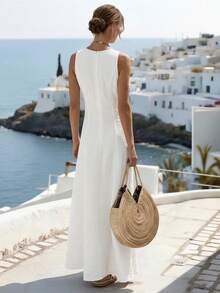 Balvessa Sleeveless Twist Waist Dress For Women - White - View 2