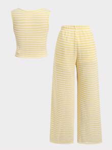 SHEIN 少女休闲日常舒适修身条纹无袖背心套装 - 黃色 - 查看 2