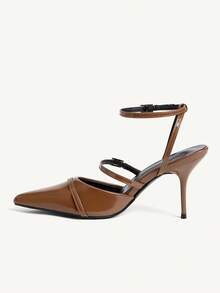 CUCCOO CHICEST Women's Shoes New Three-Strip Rhinestone Square Buckle Pointed High Heel Brown Khaki Patent Leather PU Leather Women's High Heel Shoes Slingbacks Temperament Elegant Commuter Style Dinner Party Wear - Mocha Brown - View 5