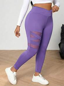SHEIN PETITE CURVE Plus Size Women's Solid Color Basic Daily Leggings - Purple - View 4