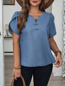 EMERY ROSE Mature Denim Plus Size Summer Casual Petal Sleeve Denim Blouse Going Out Tops Women - Light Wash - View 4