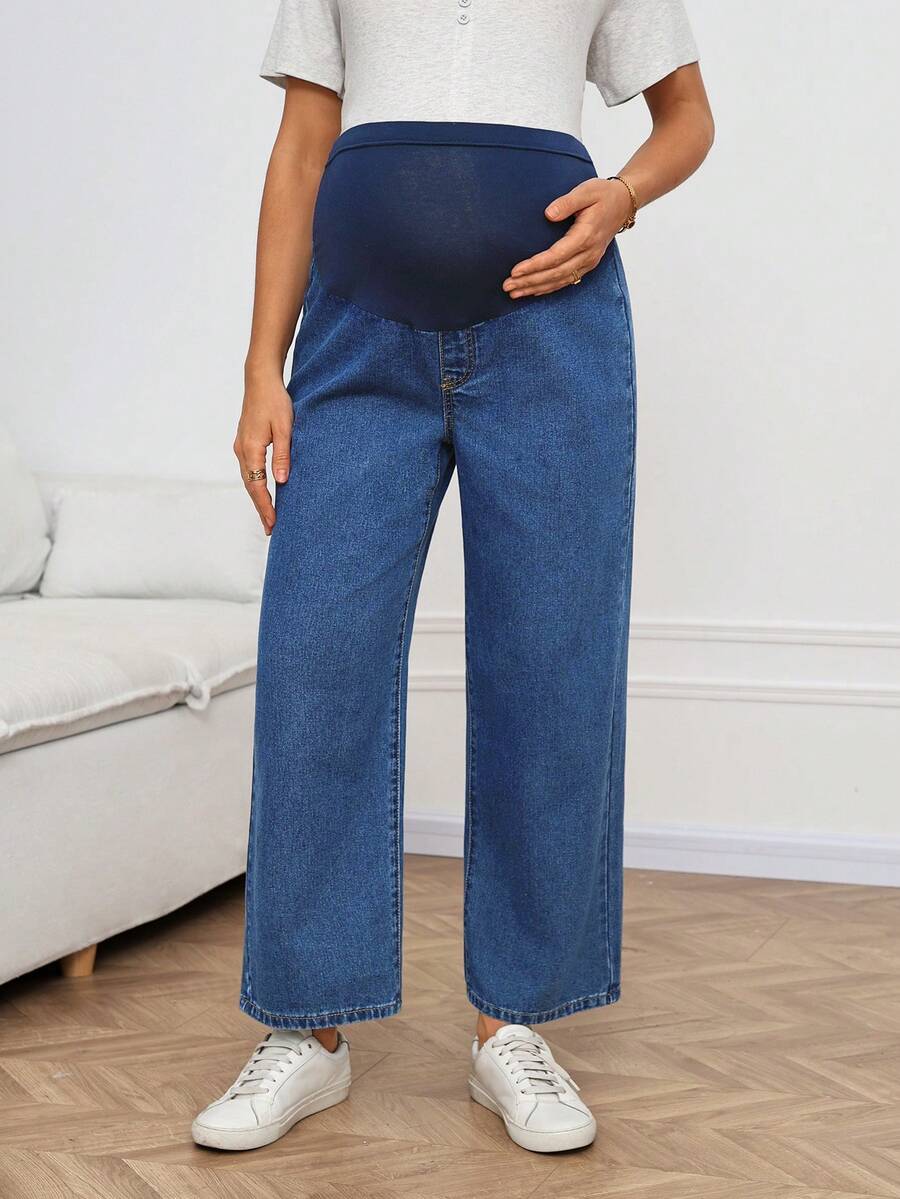 SHEIN 孕妇高腰阔腿宽松休闲百搭牛仔裤 - 藍色 - 查看 1