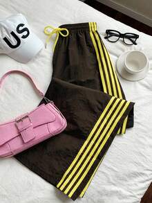 Comfortcana Plus Size Women Contrast Side Stripe Elastic Waist Loose Casual Sports Pants - Brown - View 3