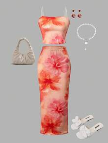 Teen Girl Floral Print Camisole Top And Midi Skirt Set, Beach Vacation - Orange - View 9